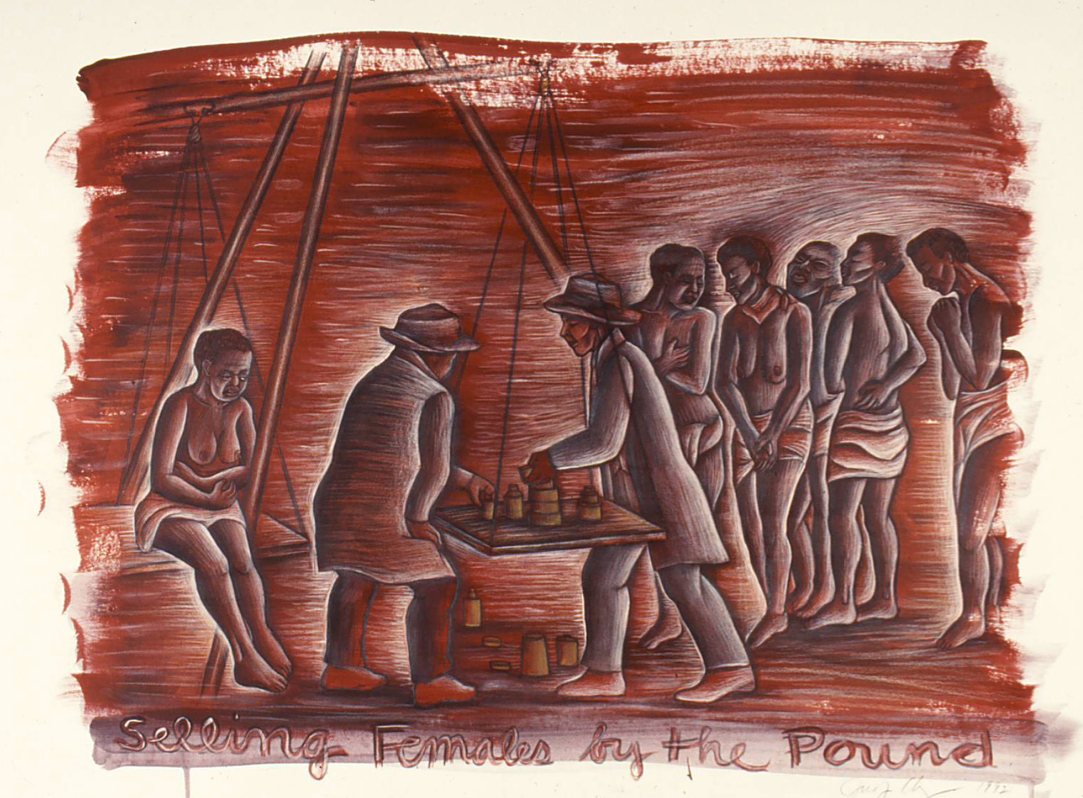 horizontal format drawing in red ochre color of white men weighing a Black enslaved woman on a human-sized scale; more Black women wait in the background
