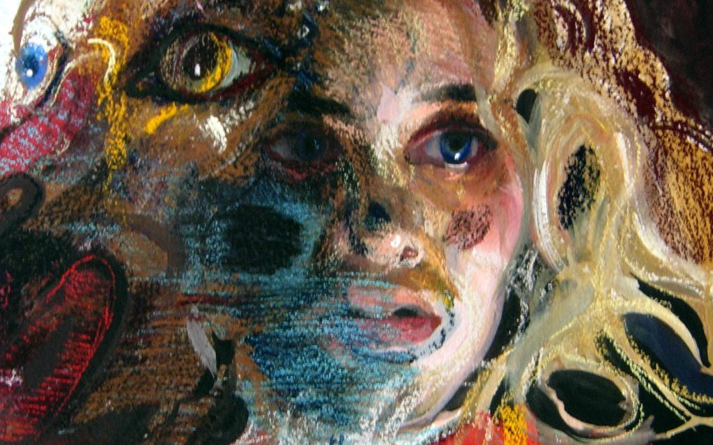 gouache and chalk pastel portrait of a woman with messy blonde hair and big blue eyes whose face is partially distorted by an unidentifiable beast