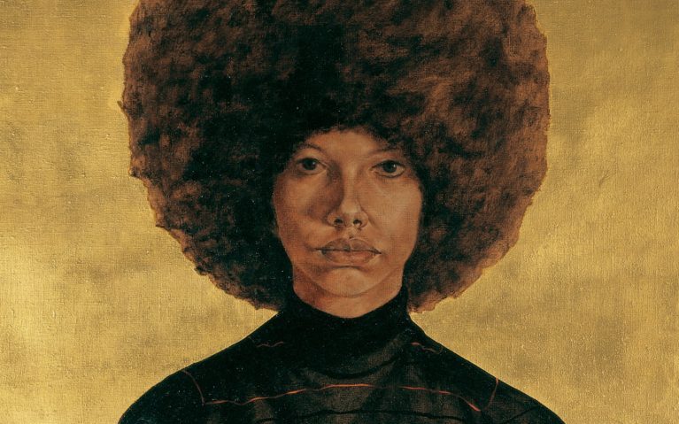 “Lawdy Mama” (1969), one of Mr. Hendricks’s earliest portraits, features a background in gold leaf that suggests a Byzantine icon. A young woman with an enormous Afro with a straight faced gaze looks at the viewer.