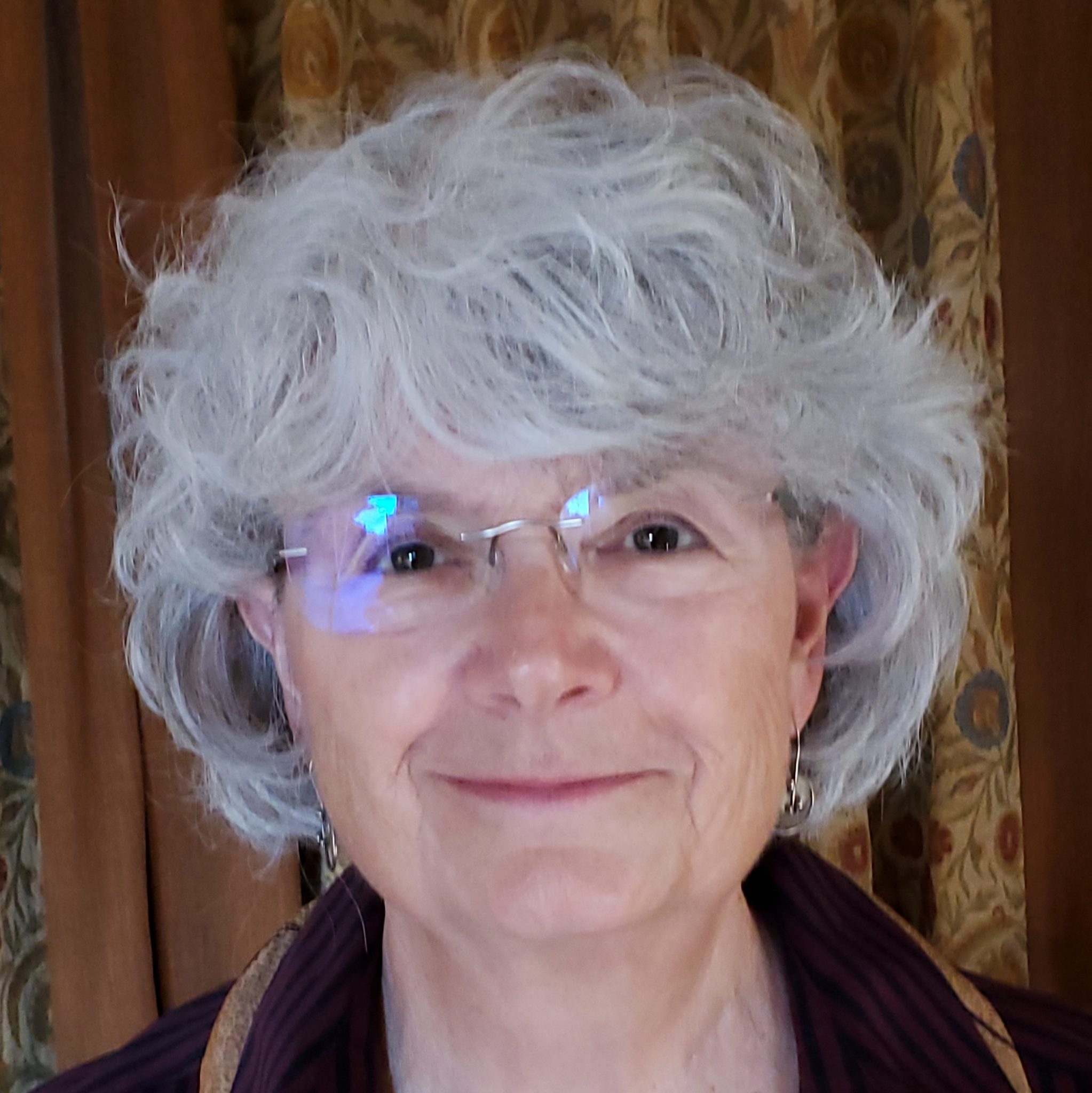 A headshot of a woman wearing glasses with short grey hair.