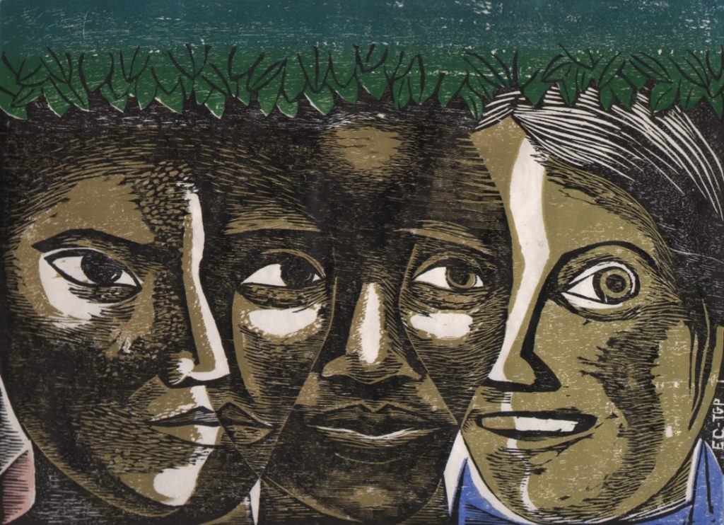 horizontal color woodcut with three women's faces overlapping