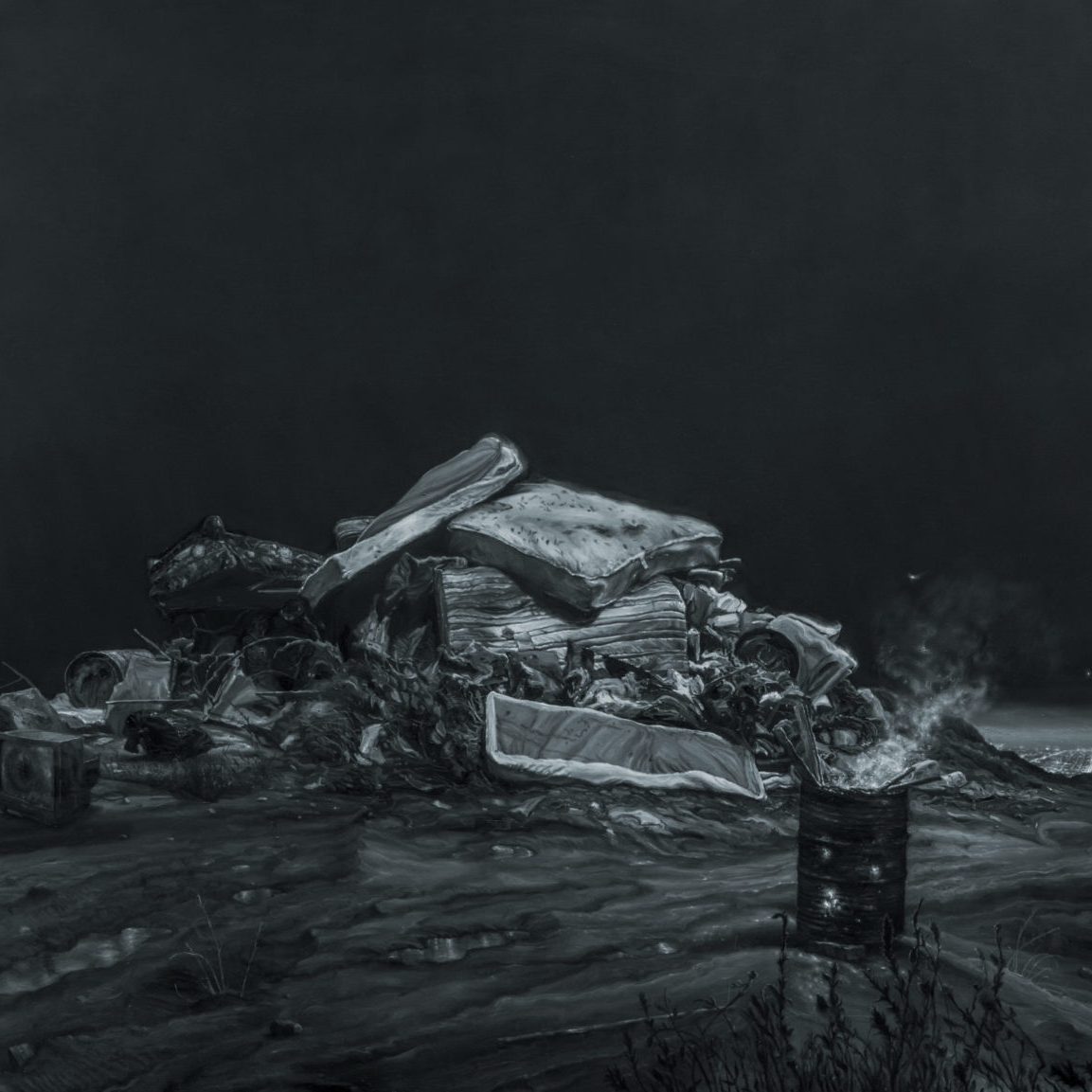 Close up photo of "The City II" by Vincent Valdez, the detail shows a pile of mattresses, broken chairs, broken television and other garbage next to a metal barrel containing pieces of wood that are on fire