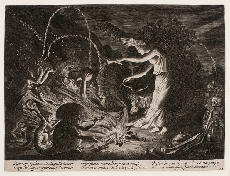 an etching of a sorceress surrounded by creatures