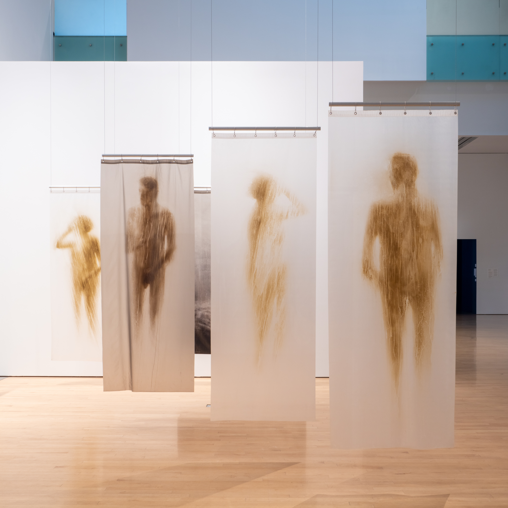 A gallery view of various white shower curtains with the silhouette of humans air-brushed on.