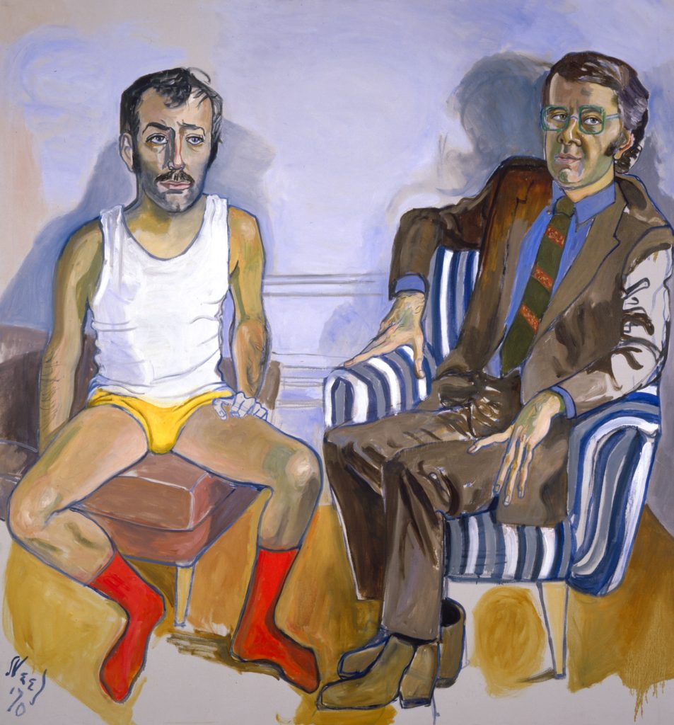 A painting: Two men in varied outfits. One in a brown suit and tie with a blue button up and the other in a white undershirt and yellow underwear. Both pose for the artist