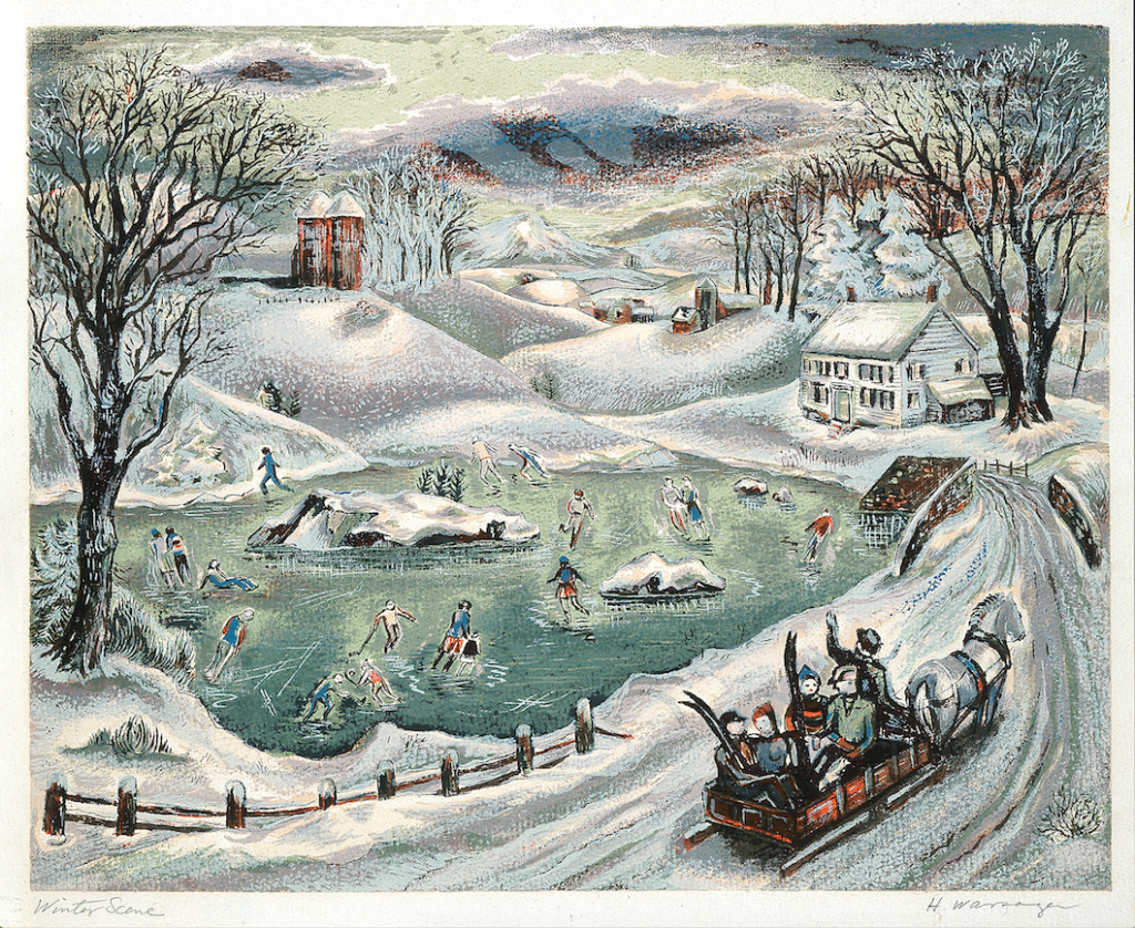 Screenprint by Hyman Warsager, titled "Winter Scene", depicting a snowy landscape and people skating on a frozen pond