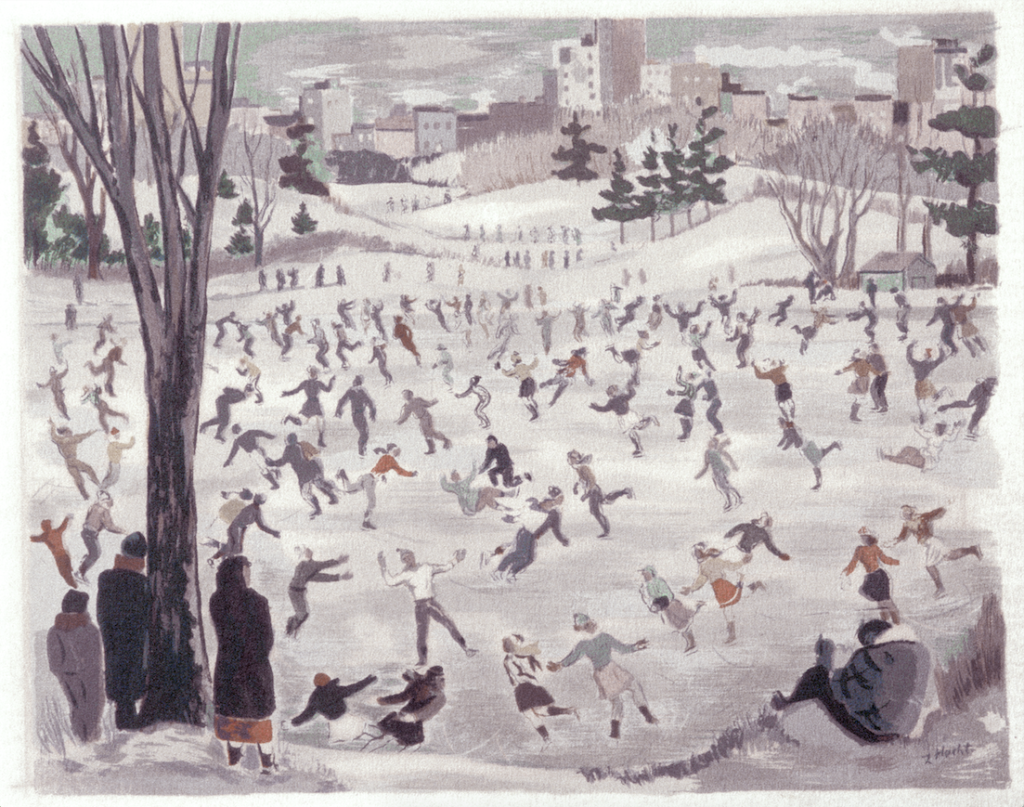 Zoltan Hecht, Skaters in Central Park, circa 1942-43, eight-color screenprint