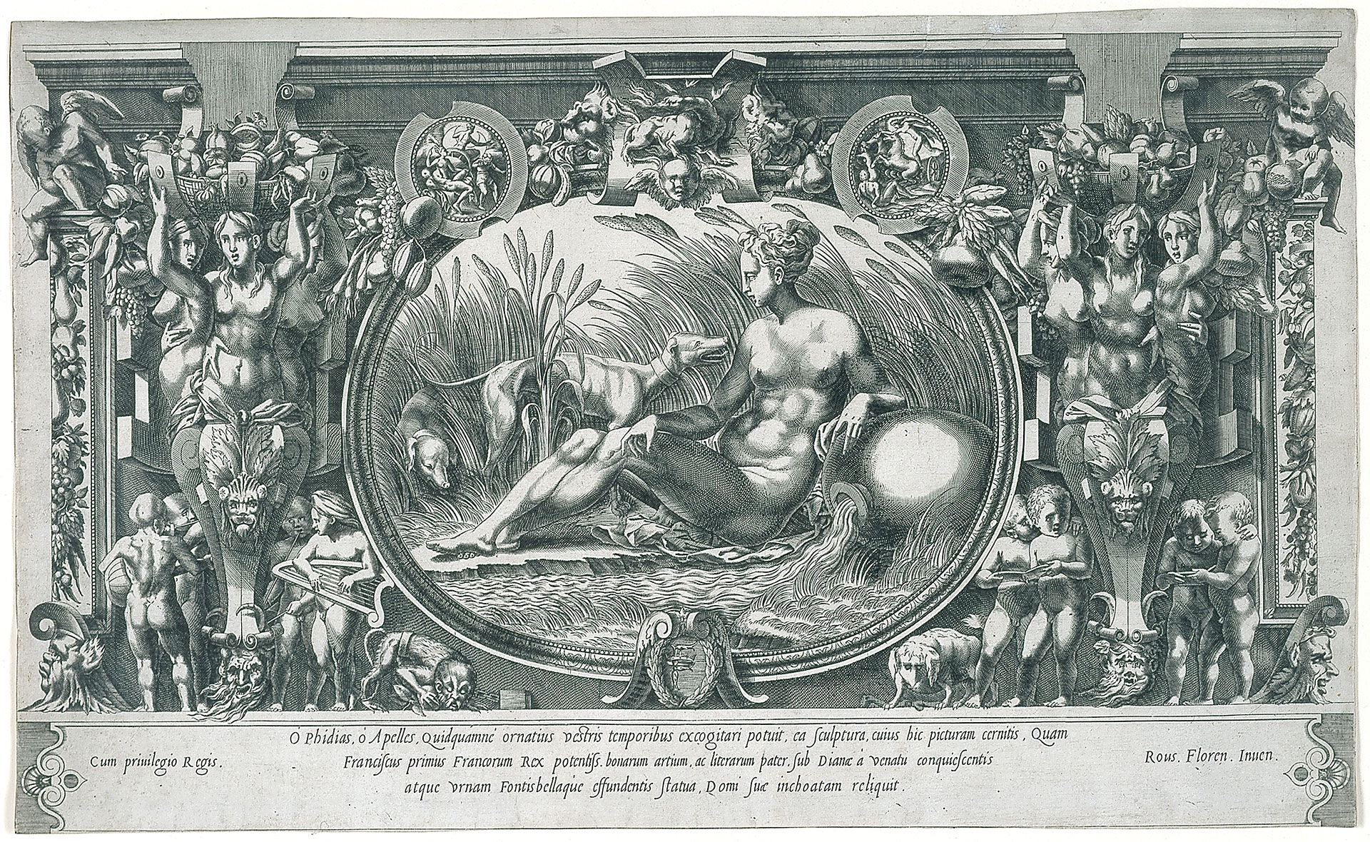 Elaborate ornamental framesurrounding an oval image of a woman and two dogs