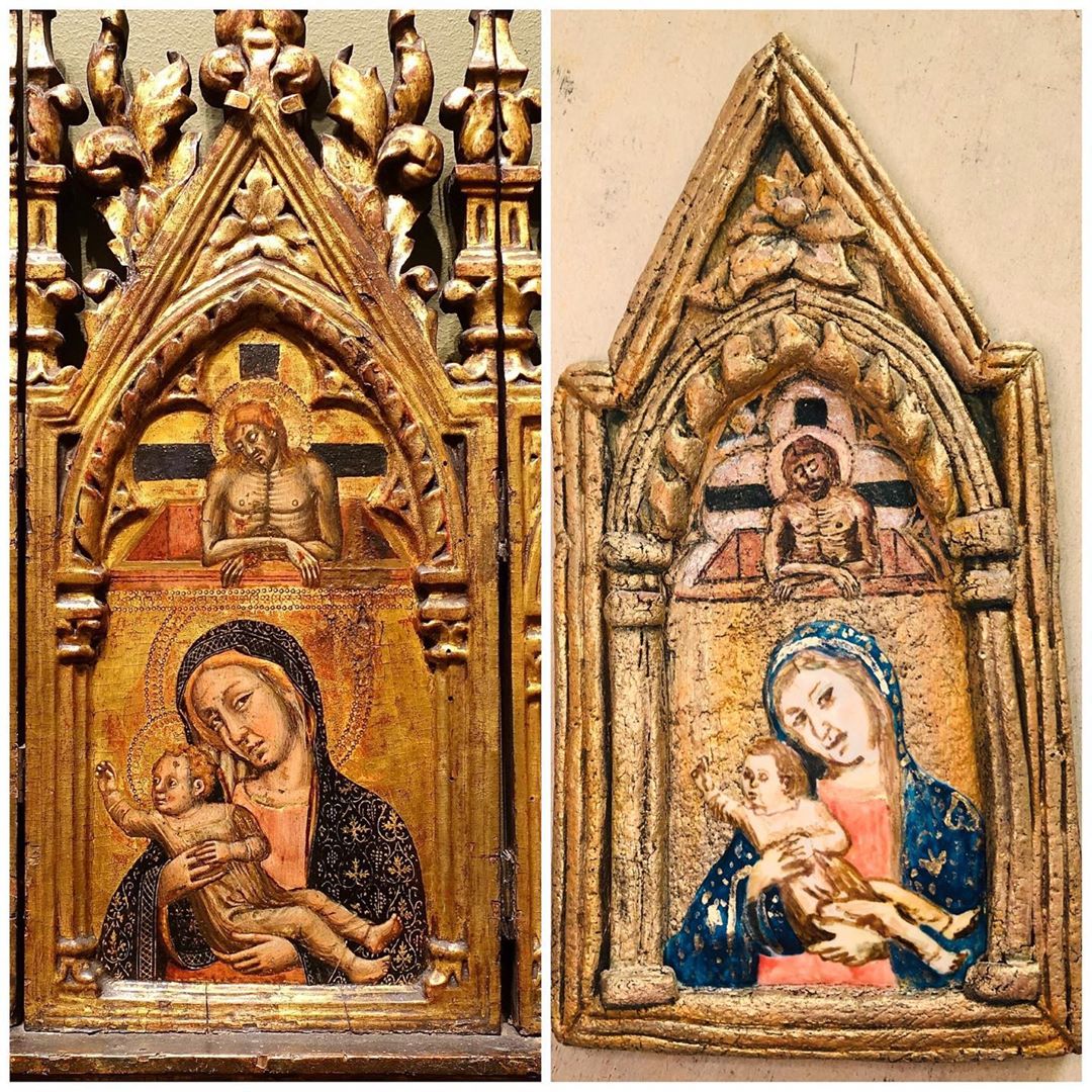 An artwork with a gold ornate frame with the Virgin Mary and child in the center. On the right is an ornate cookie depiction of the artwork featuring the virgin mary and child.
