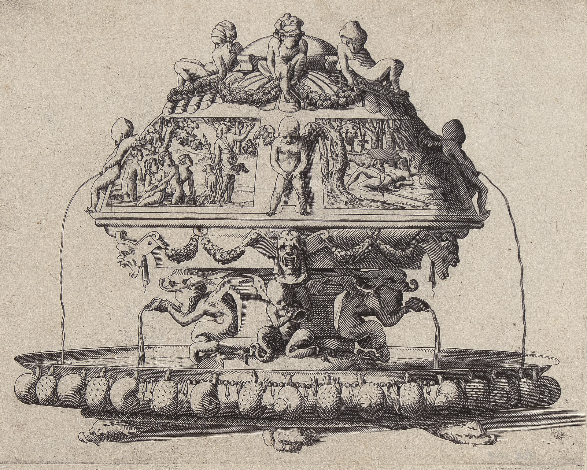 A fountain decorated with figural designs, set within a basin and supported by snails, turtles, and dolphins.