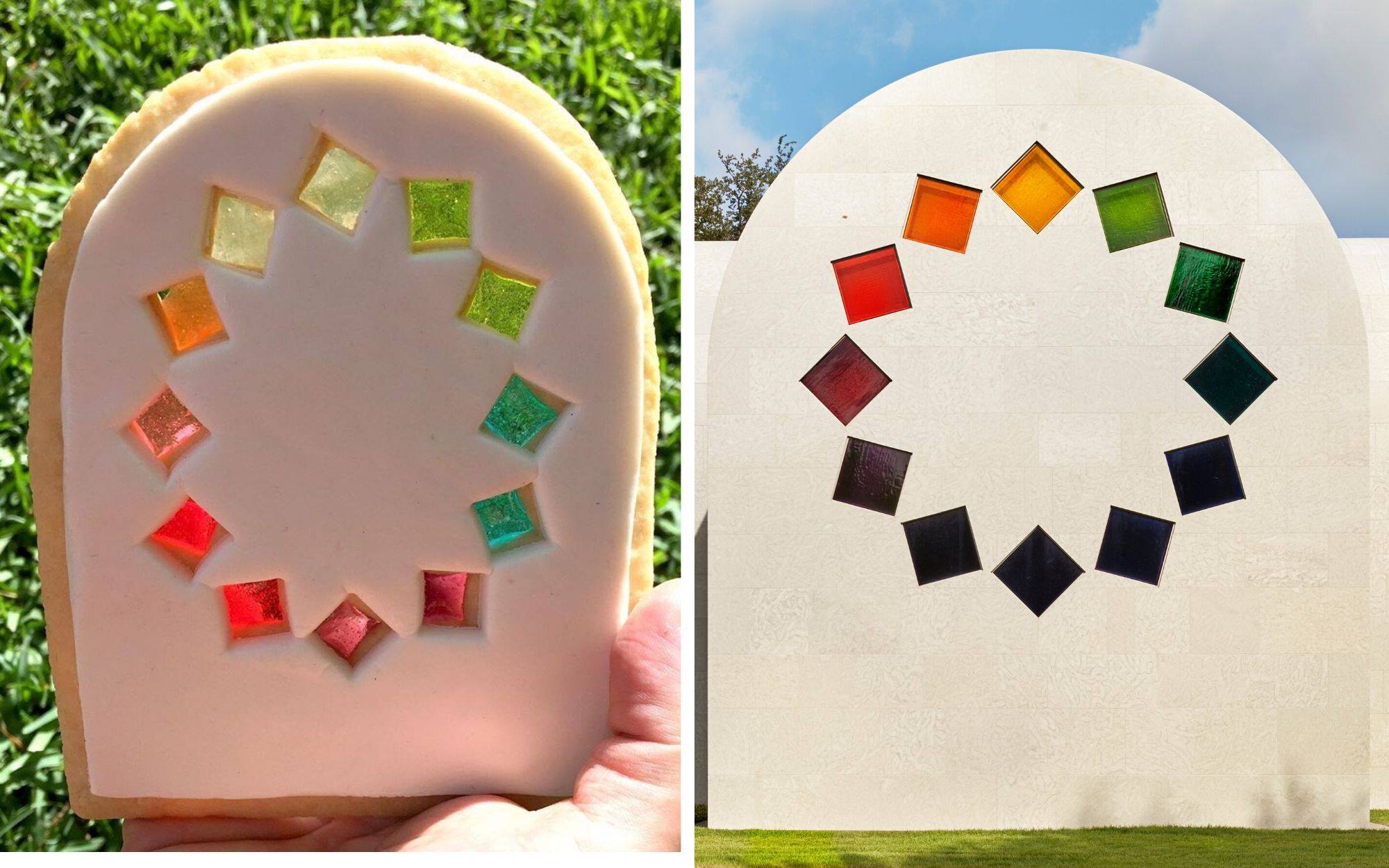 A cookie with tumbling squares of different colours. On the right is a building facade with the same design.