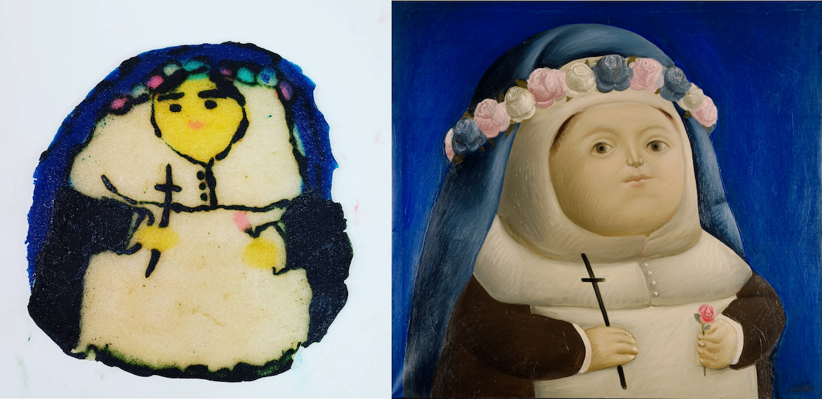 A pancake with a person wearing a headcloth with flowers on it. On the right is a painting of the same person.