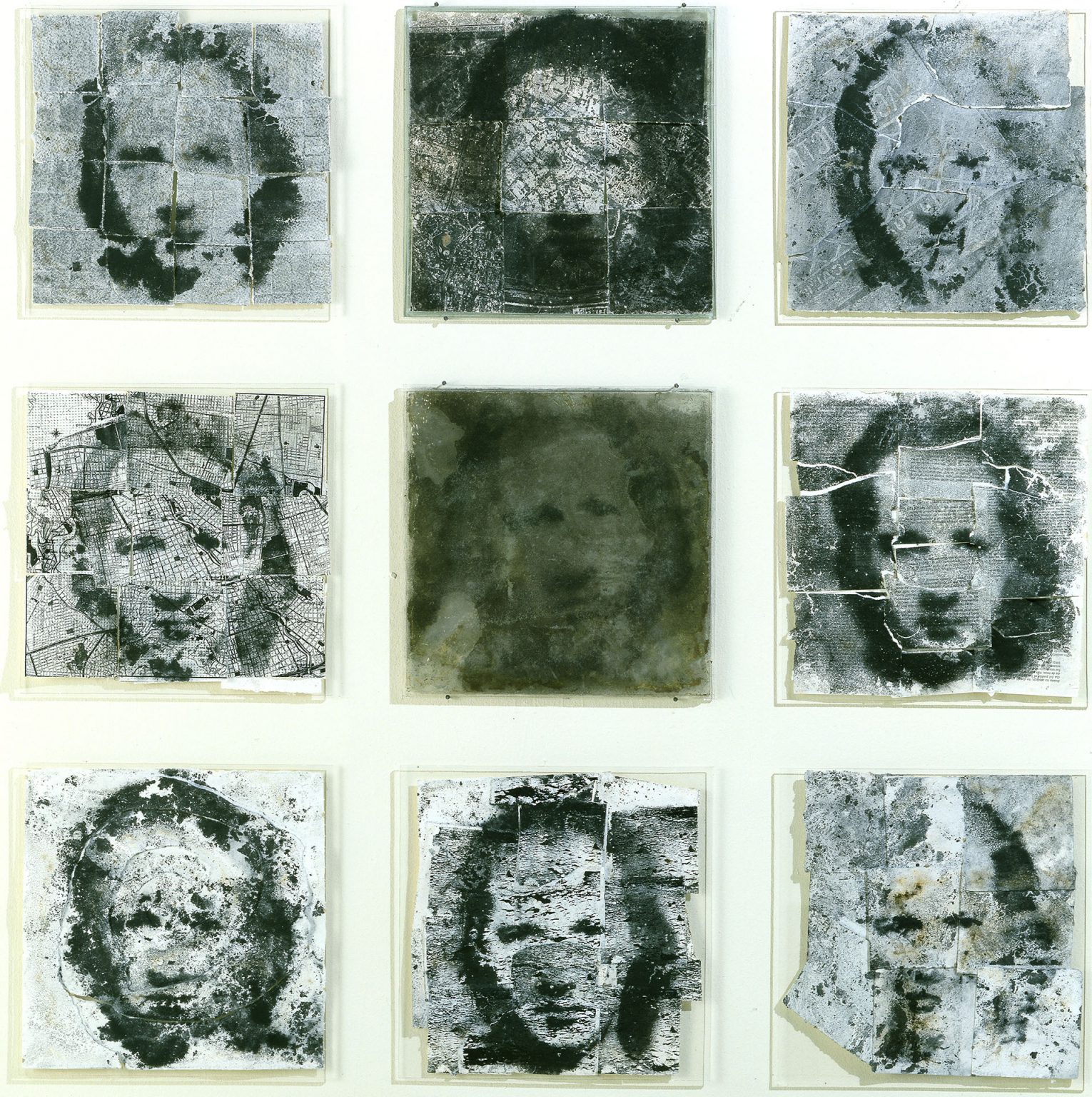 Seis retratos cuadrados de la cara de una misma persona en diferentes tonos de blanco y negro y diferentes niveles de nitidez.