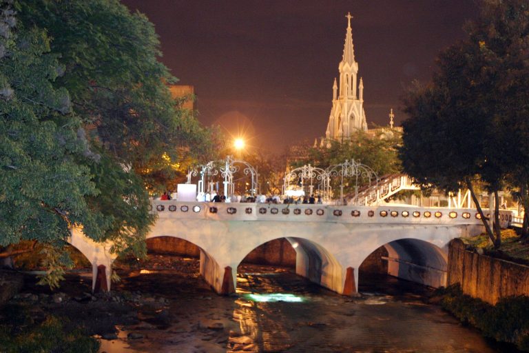 Fotografía en color de un puente durante la noche. En primer plano, hay árboles y agua debajo del puente. Al fondo, hay una iglesia.