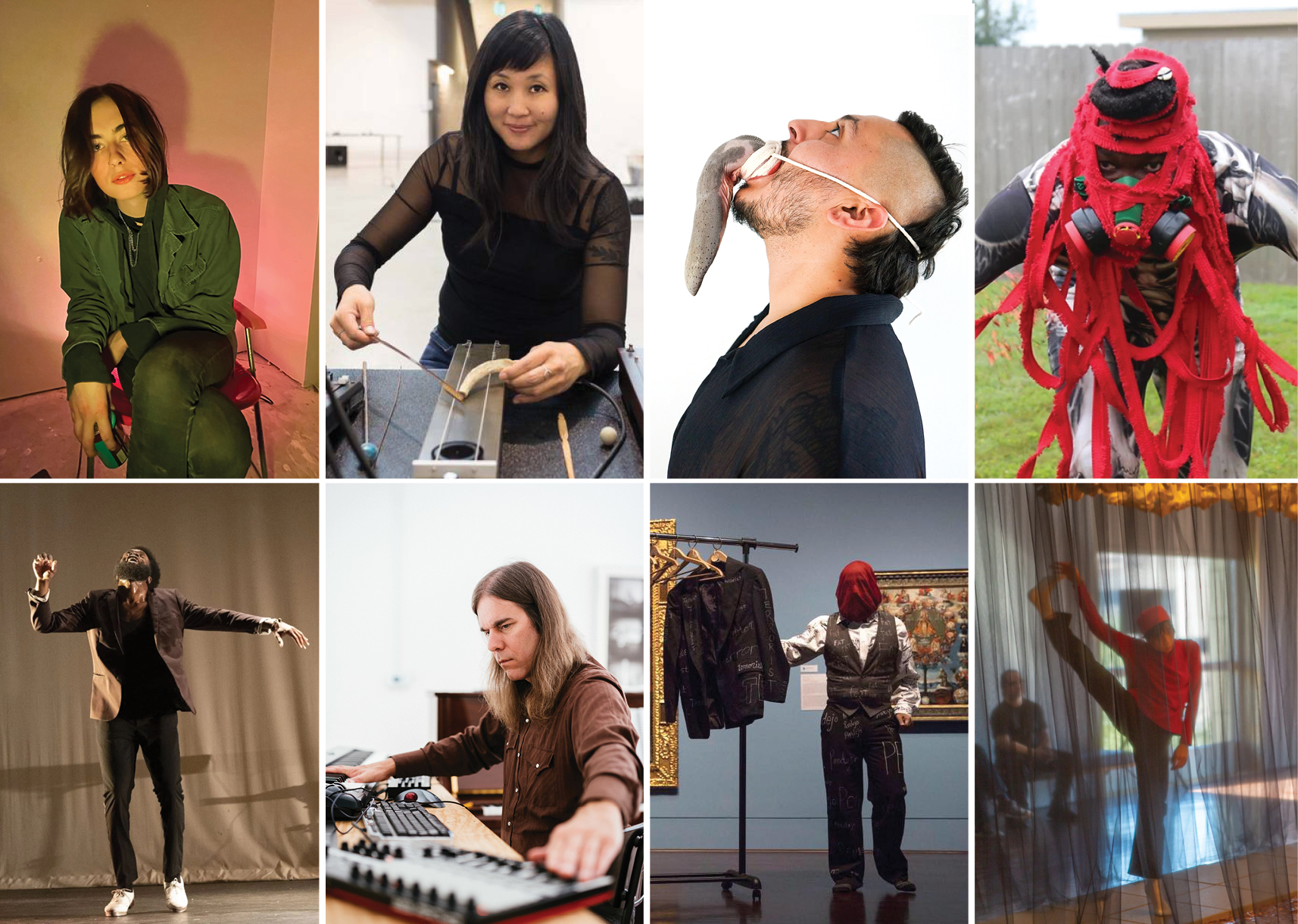 A grid of eight different musicians and performers, performing inside a gallery space.