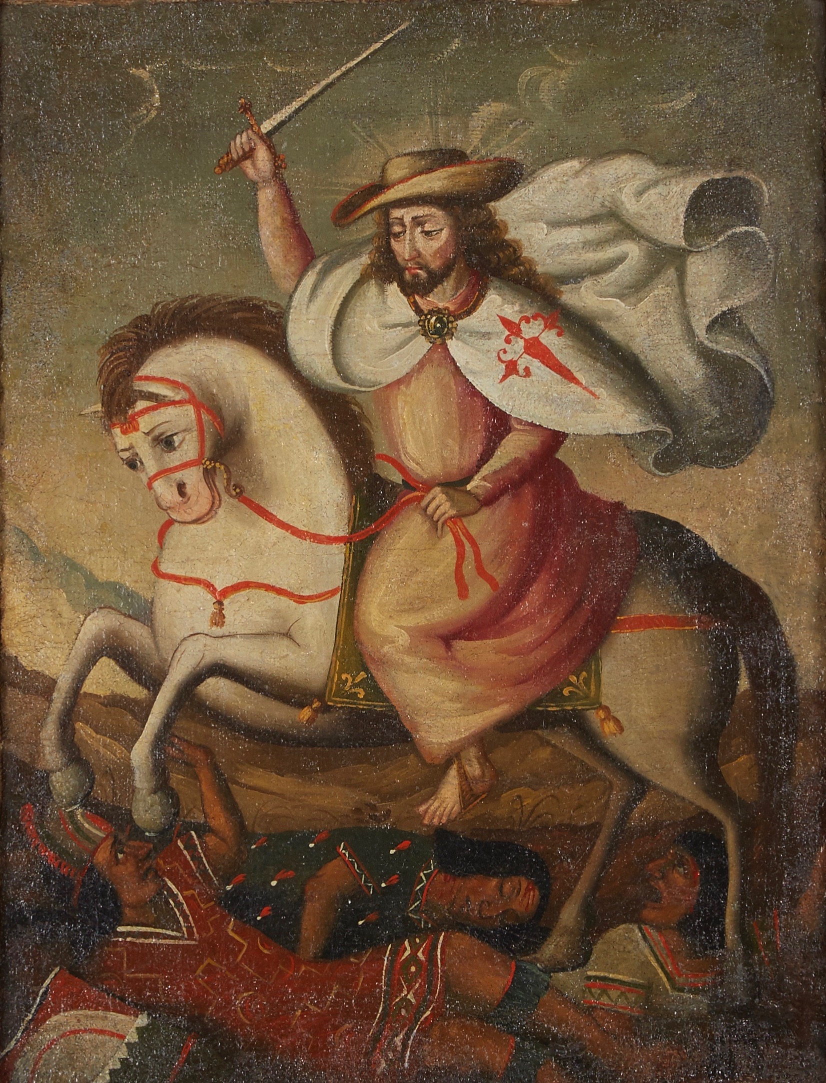 A painting of a bearded man on a white horse wielding a sword.