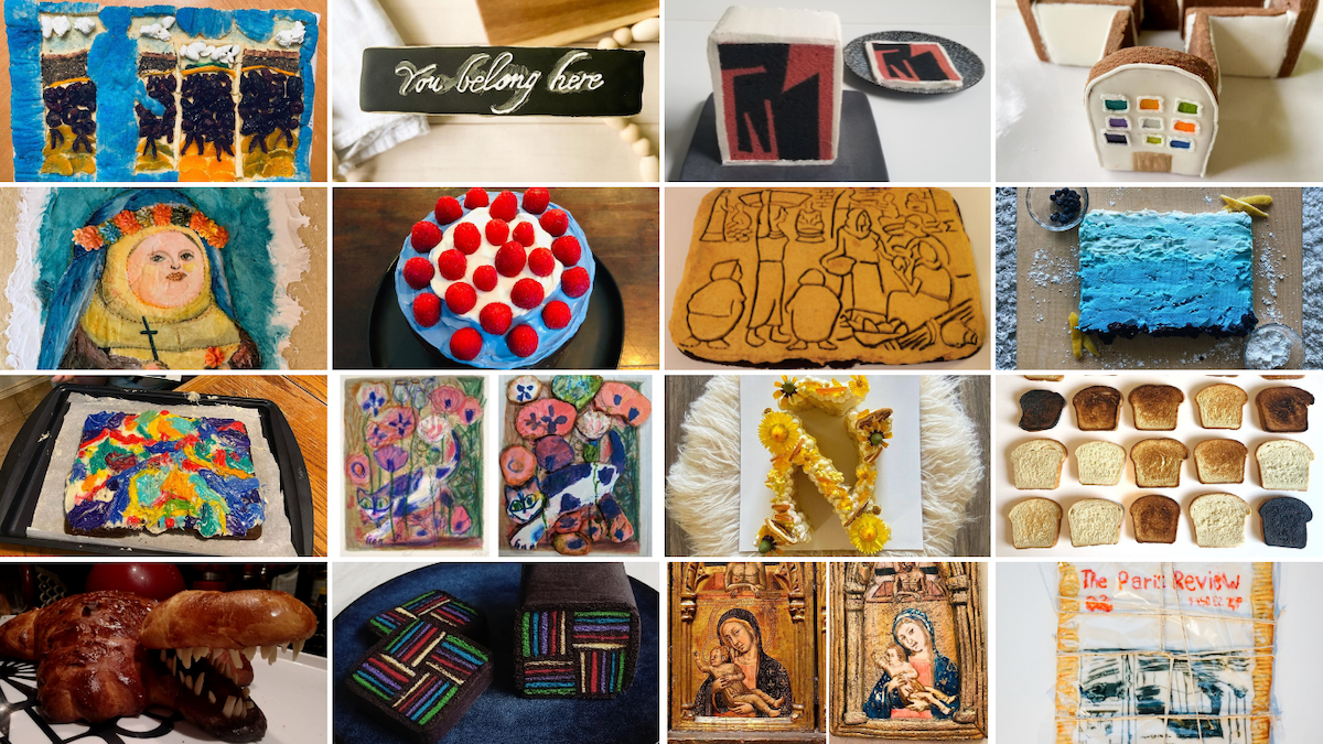 A grid of different cakes that represent different artworks.