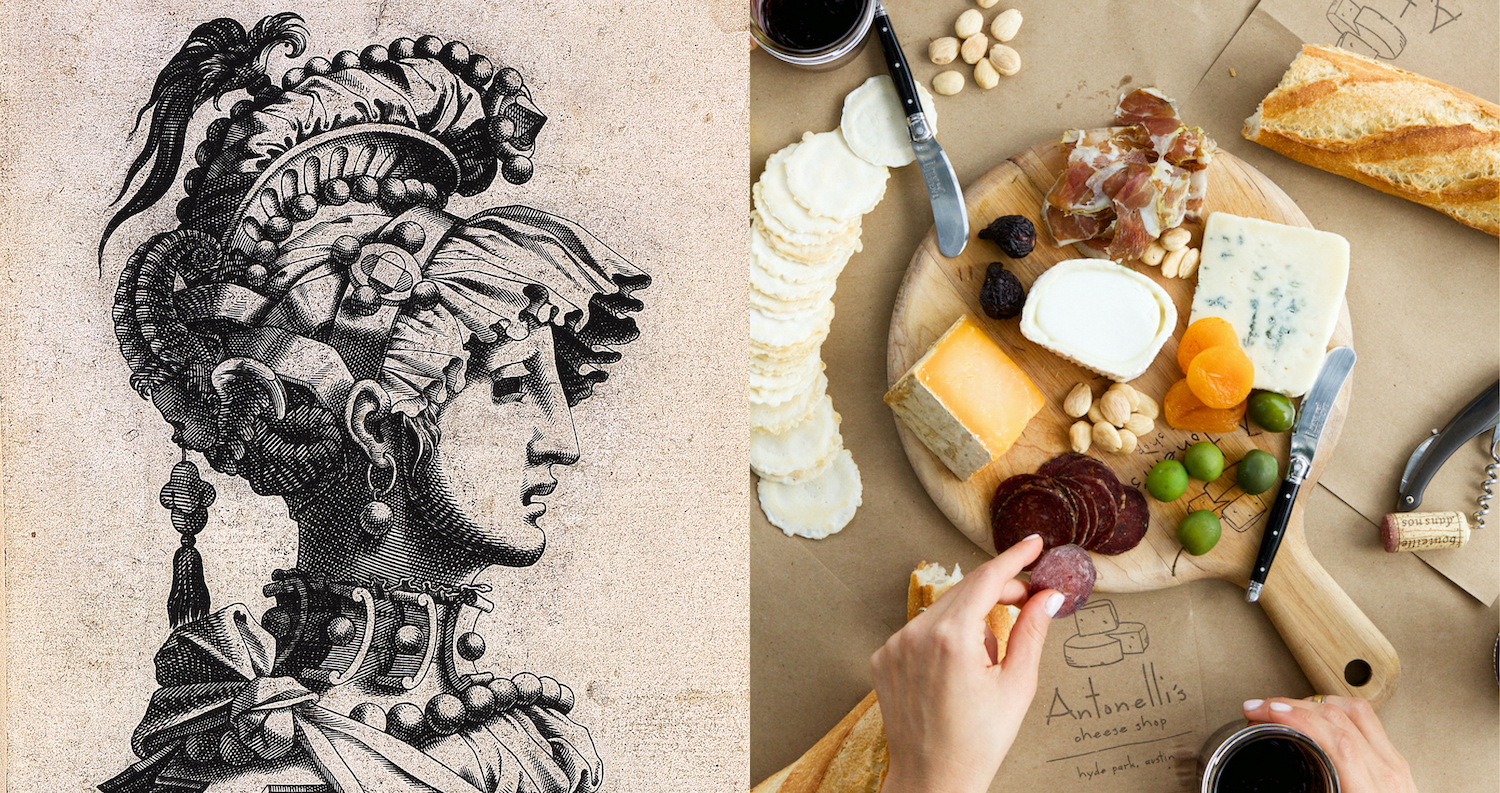 A grid of two images. On left is a profile image of an ornate mask and headdress. On the right is an overhead shot of a hand reaching for food on a cheese platter.