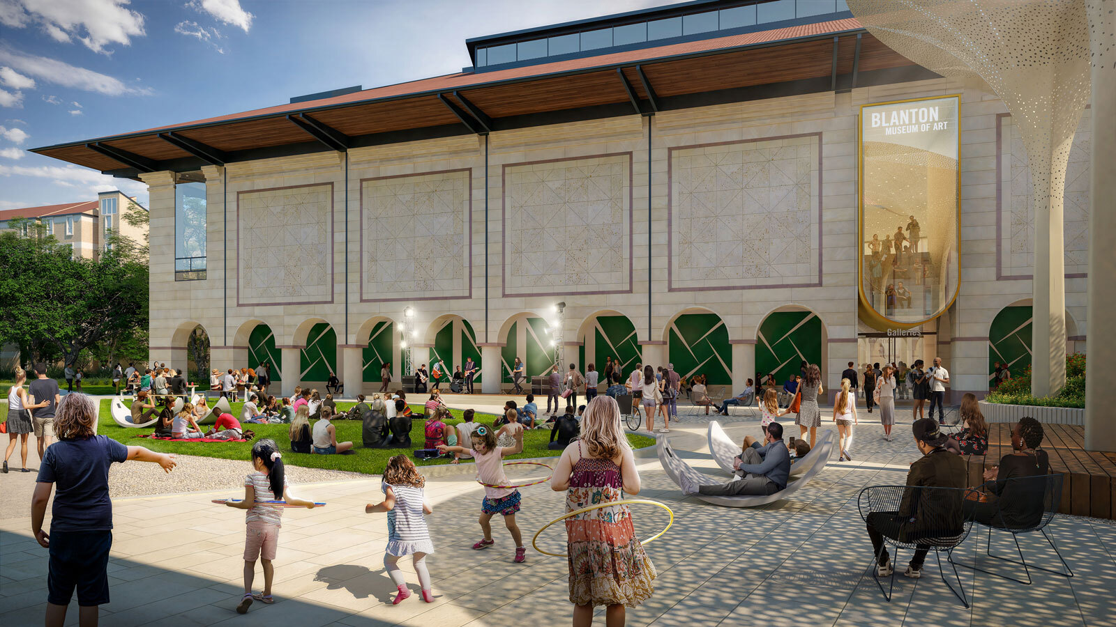 A rendering of a building facade with people across the central plaza.