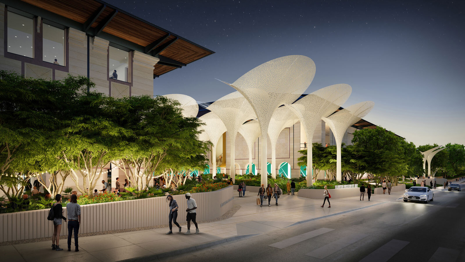 A rendering of the Blanton museum of art with trees lining one side of a building and large petal-like structures along the plaza.