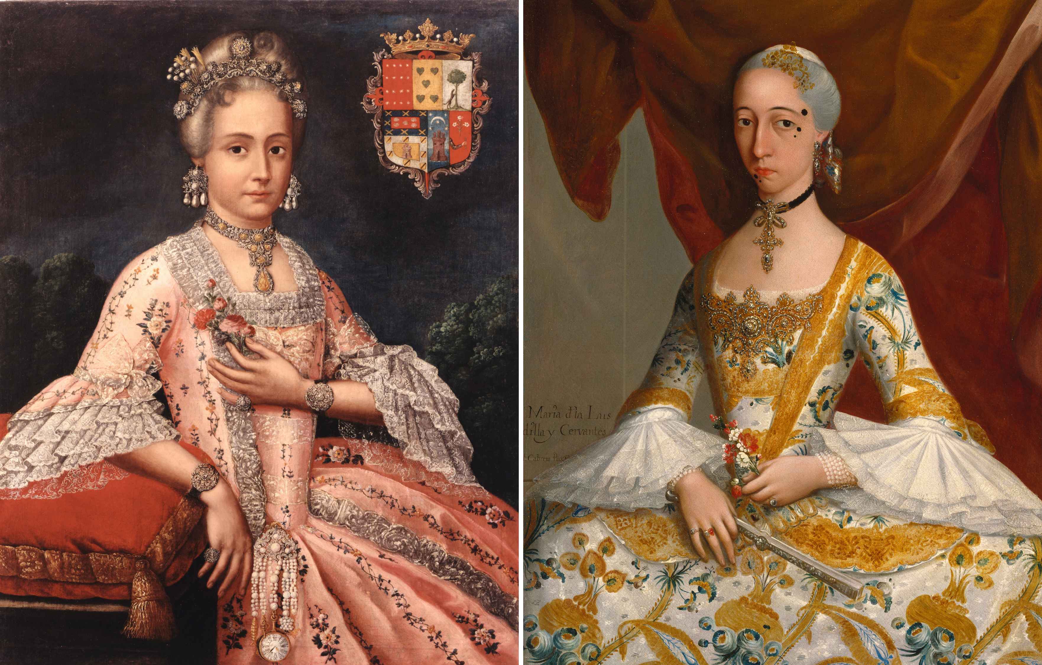 Two portraits of different women from the 18th-century wearing very ornate dresses and wigs