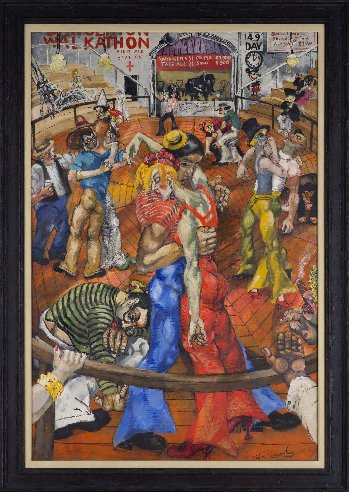 A painting of a dance marathon, with several people dancing in pairs in a ring, falling asleep from being too tired