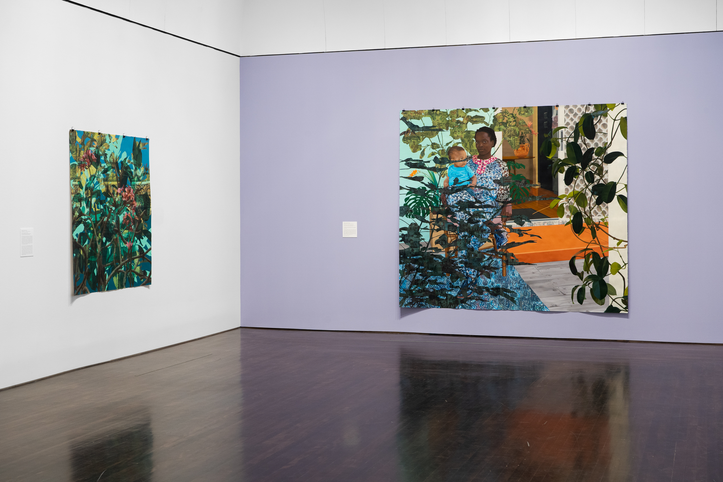 Gallery walls with works featuring elements such as plants and people. One large work work on the right is hung on a lilac-colored wall