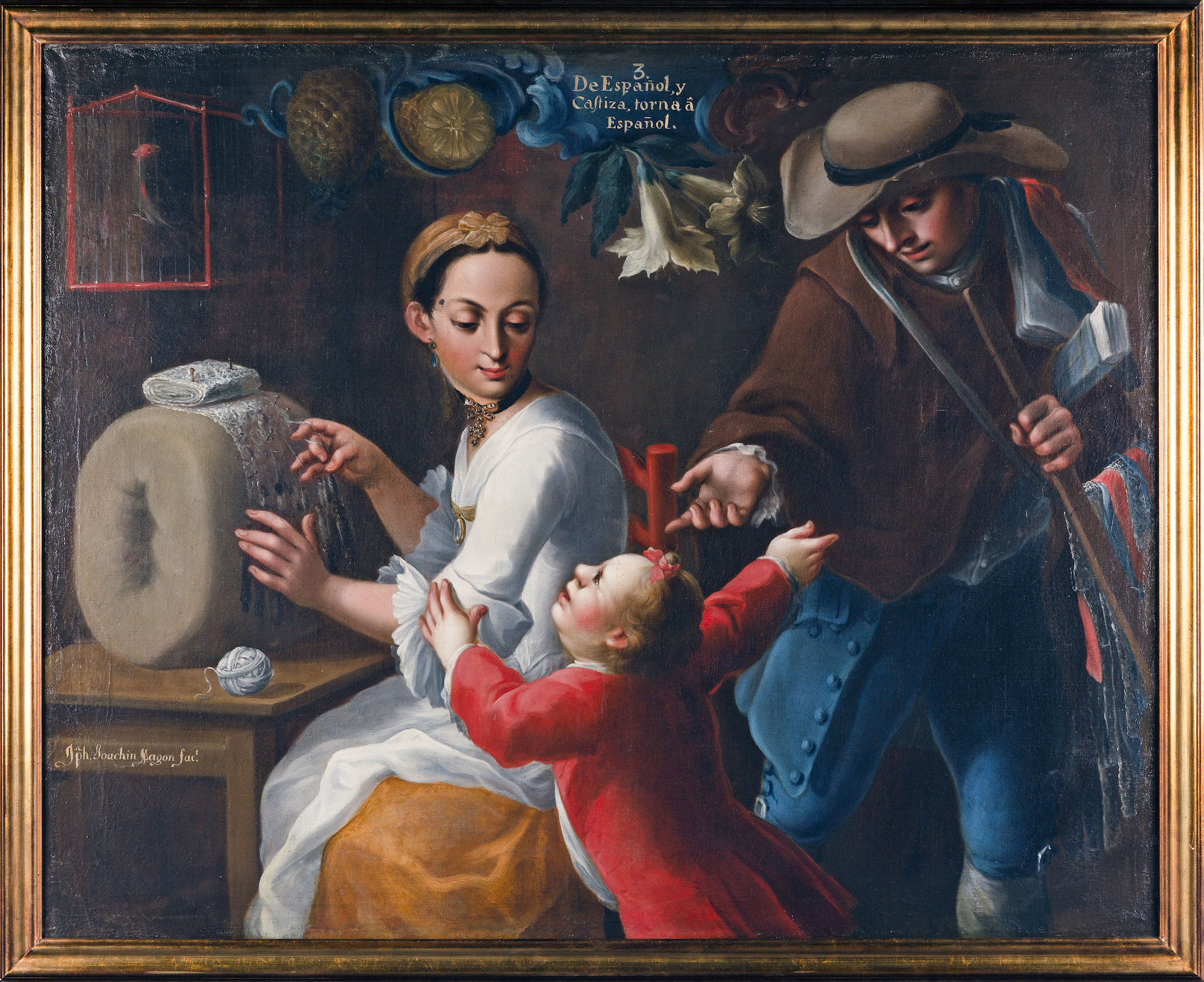 A painting of a woman stitching a garment while sat at a table. A child tugs at her arm and behind the child stands a man with a hat, holding a bag, gesturing to the child