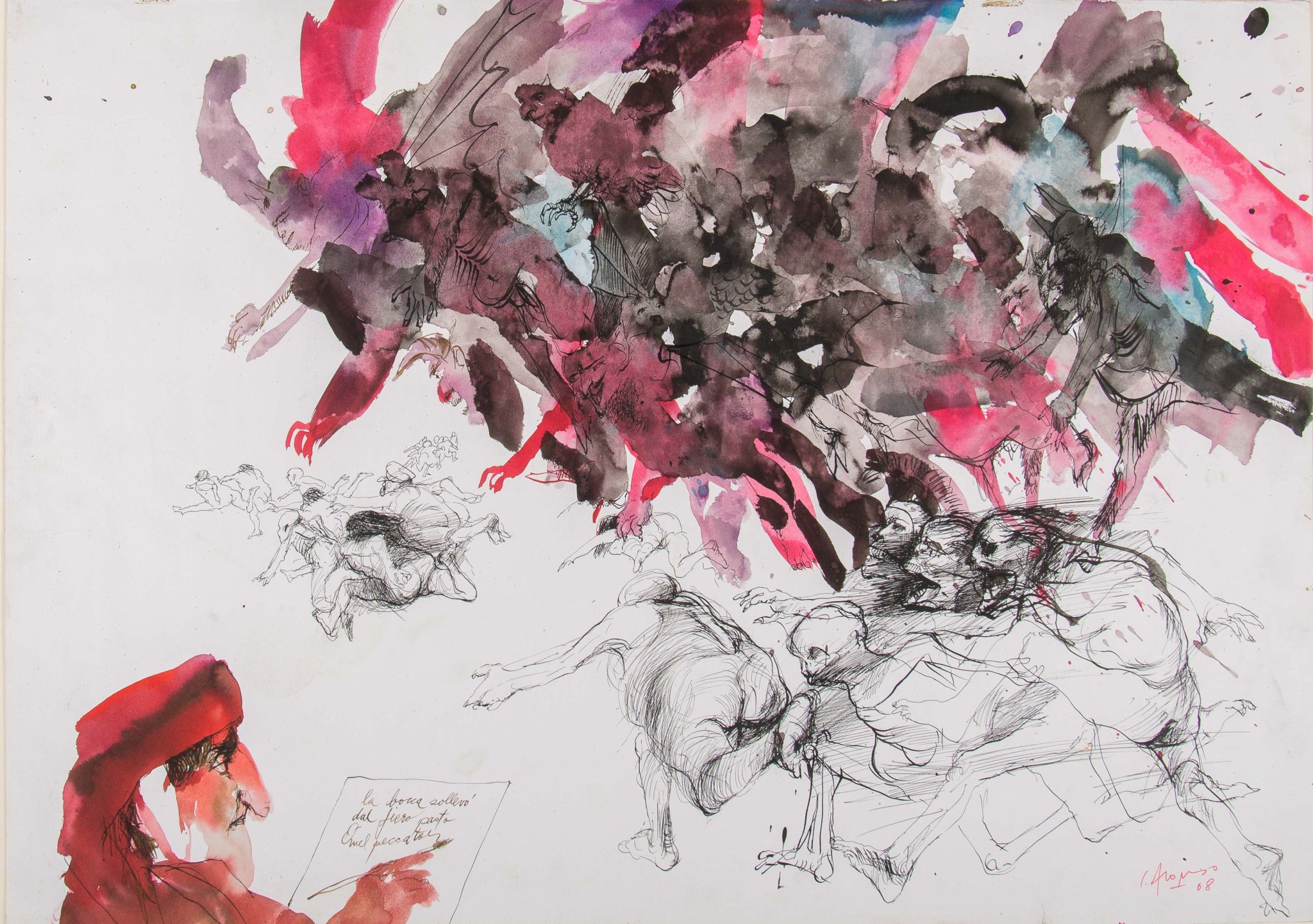 A figure of the poet Dante at the left and a swarm of screaming figures running around a swirl of dark purple and black-hued colors which has arms reaching out toward them
