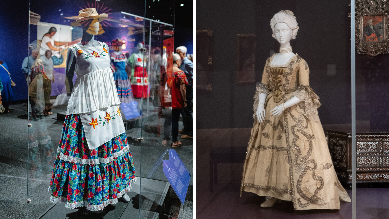 Two images, one of a mannequin wearing a frilly traditional Mexican dress and a hat; the other of a mannequin wearing an ornate 18th-century dress