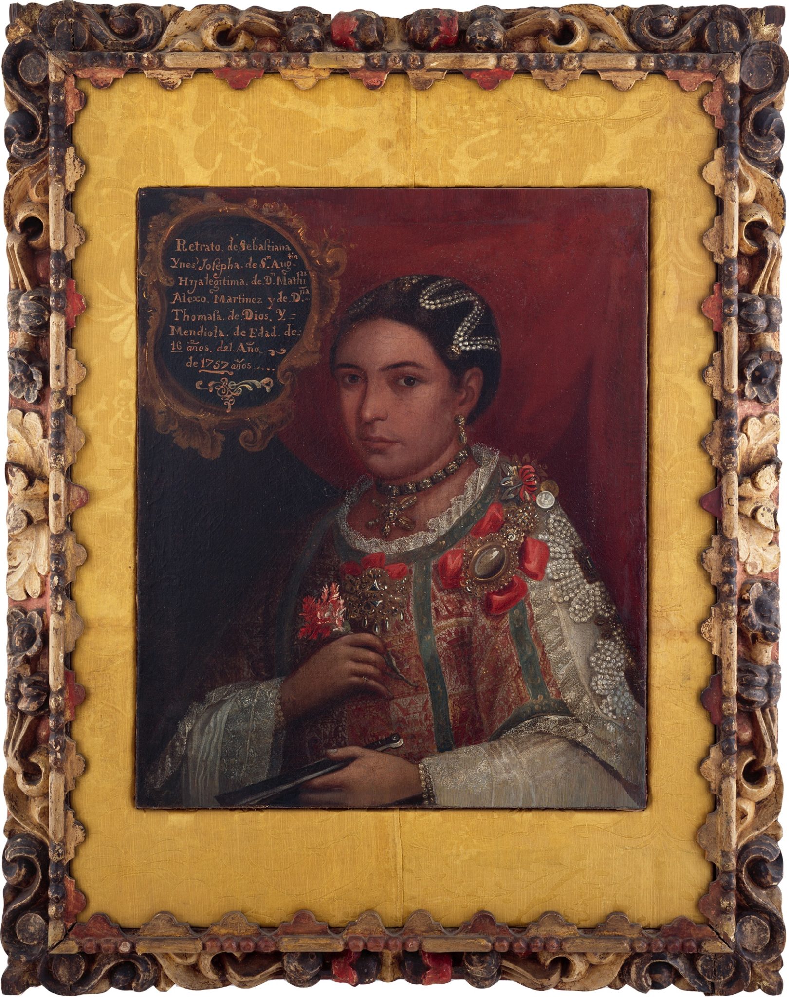 An 18th-century painting of an Indigenous girl wearing an ornate dress, clutching a flower