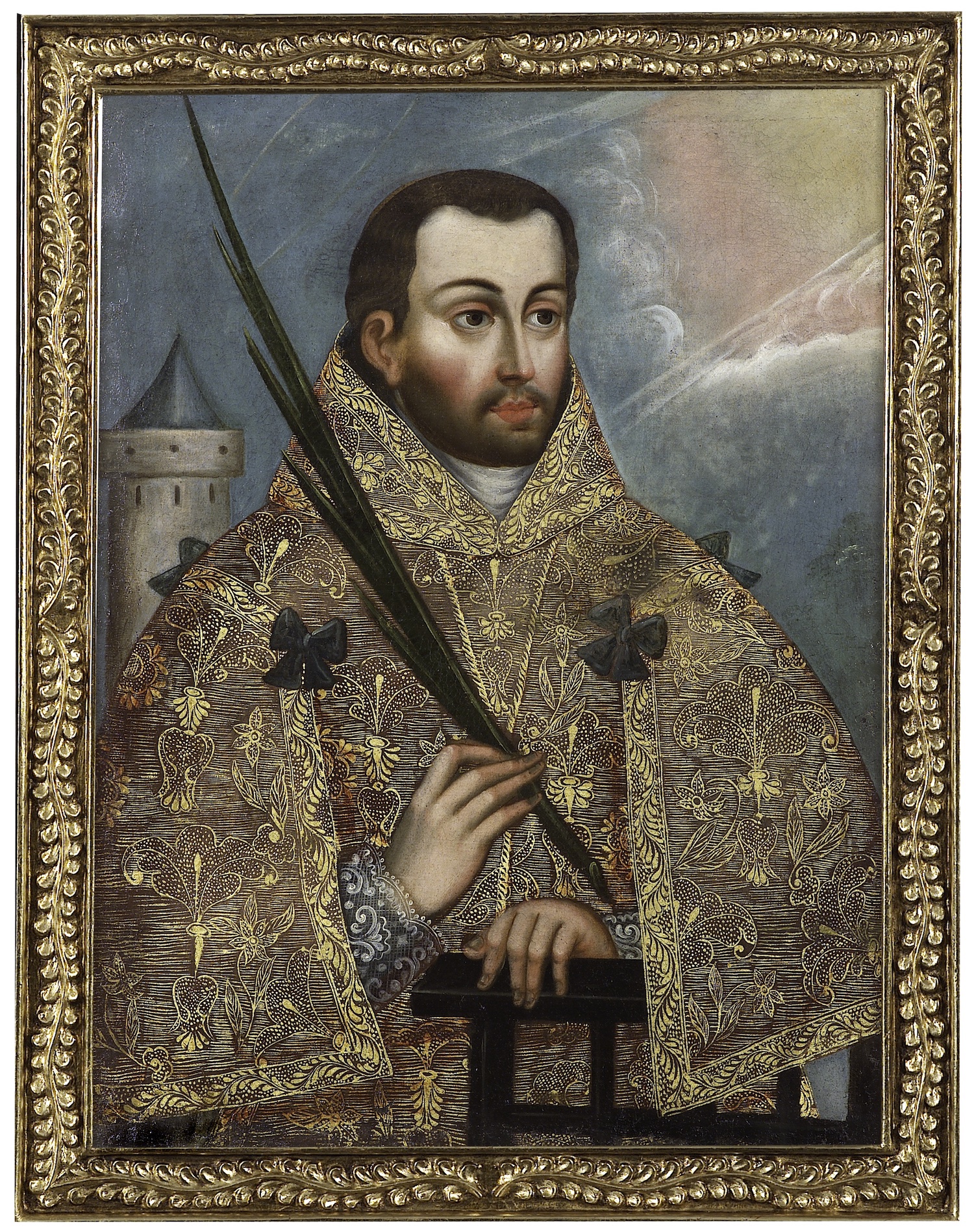 A painting of a man wearing a liturgical vestment, with extensive patterns in gold leaf