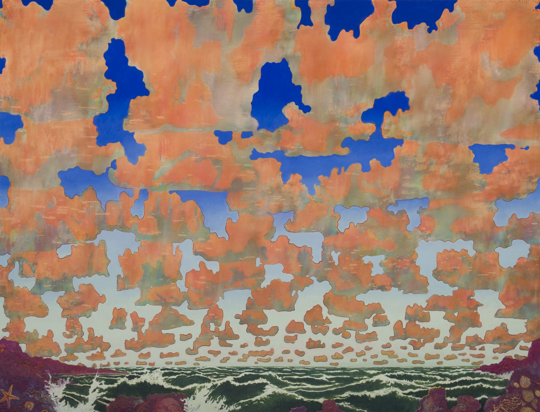 A painting of a vast blue sky with lots of orange clouds over it. At the bottom is the beach front with waves lapping around