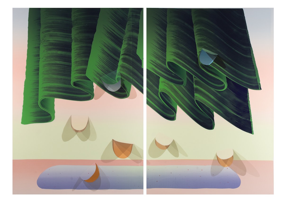 A picture in two parts, containing an abstract image with green brushstrokes, a blue oblong shape, pink stripe, and flaps.