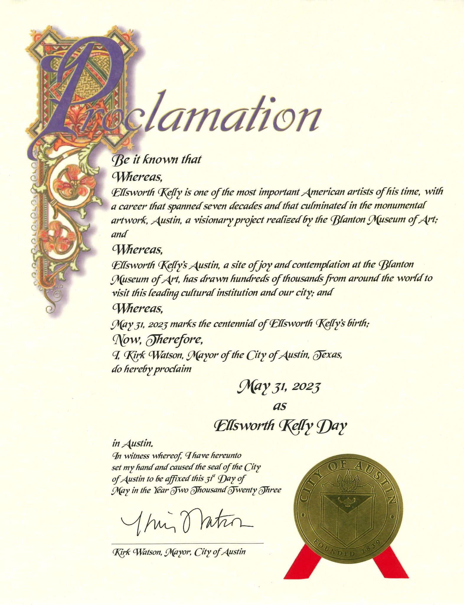A proclamation by the City of Austin declaring May 31, 2023 as Ellsworth Kelly Day, to mark the centennial of the artist's birthday
