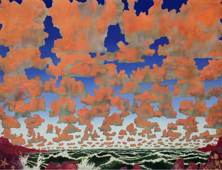 A painting of a vast blue sky with lots of orange clouds over it. At the bottom is the beach front with waves lapping around