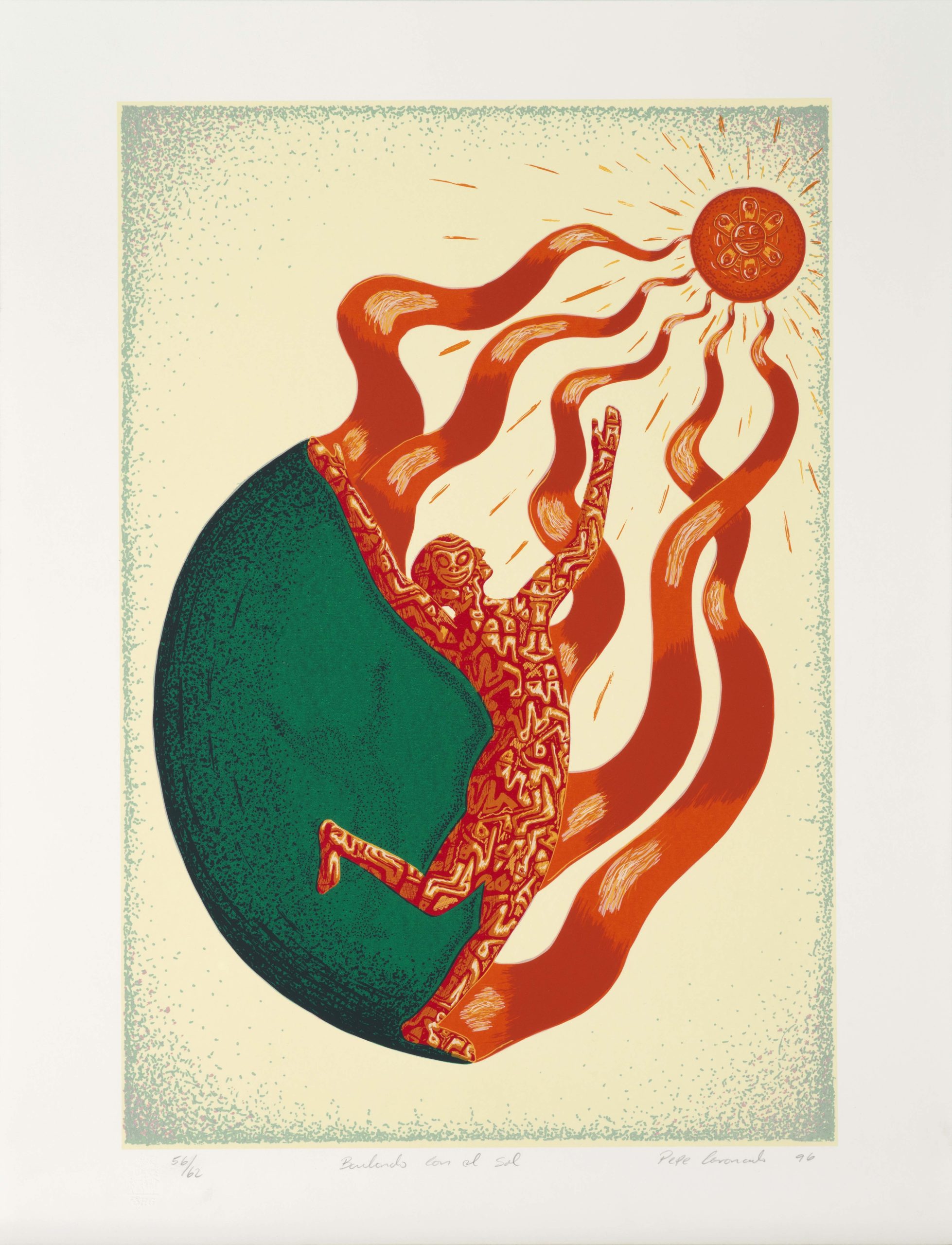 A print of a human figure coming out from a green sphere, with abstract figures within its body. It emits large flames that connect to the sun which is high above it