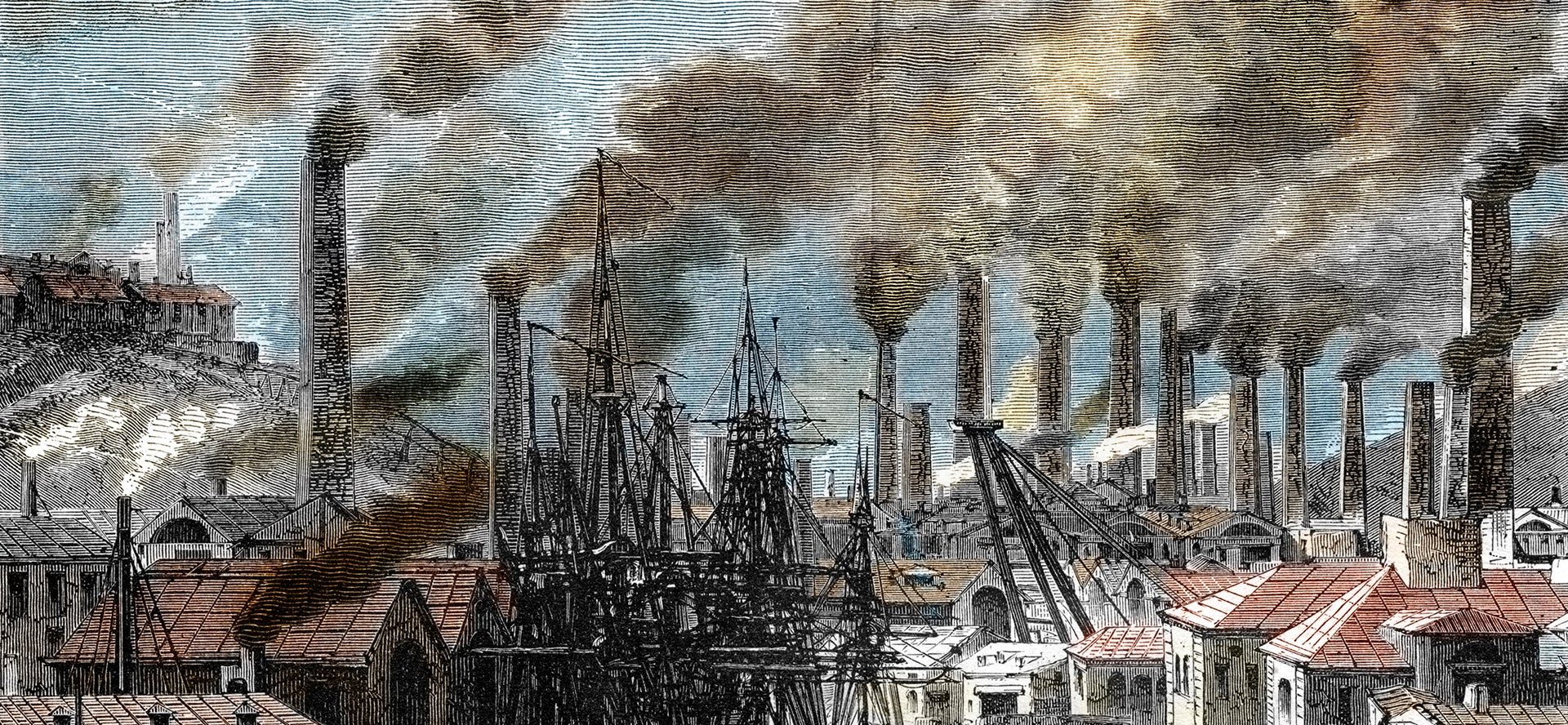 Industrial Revolution _ pollution from copper factories in Cornwall, England; Engraving from History of England by Rollins, 1887