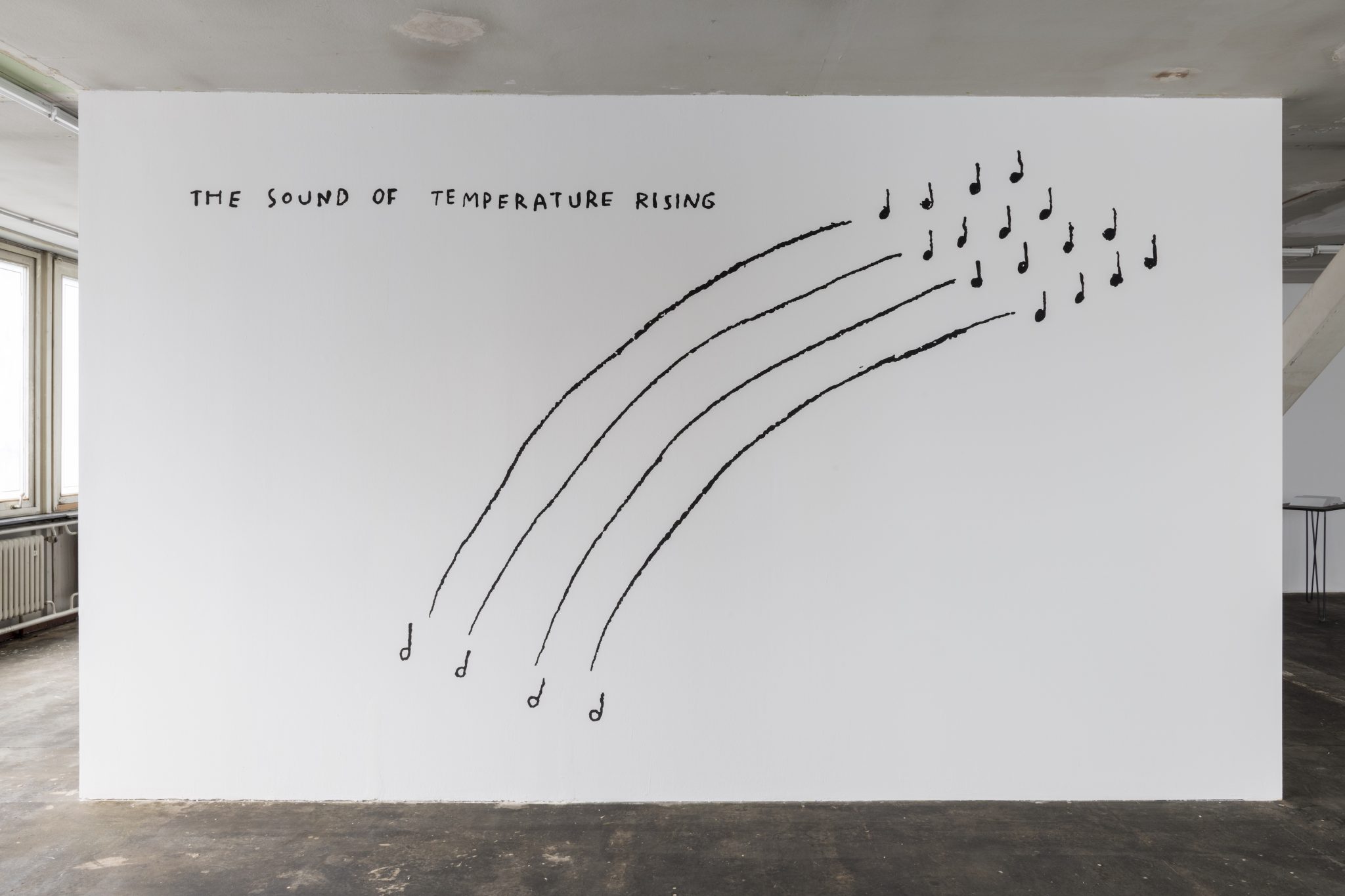 Four long, curved lines
separate four white music
notes and sixteen black
music notes with text “The
sound of the temperature
rising” at the top