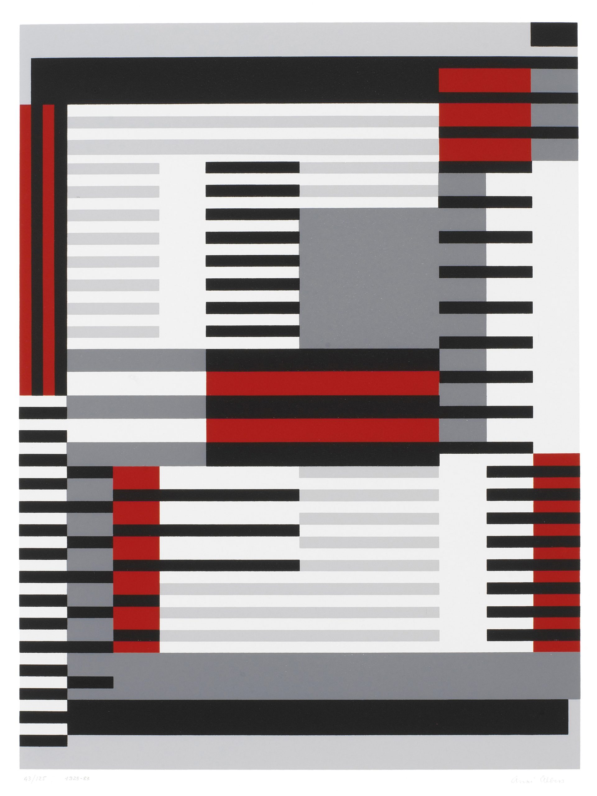 A red, white, gray, and black striped design