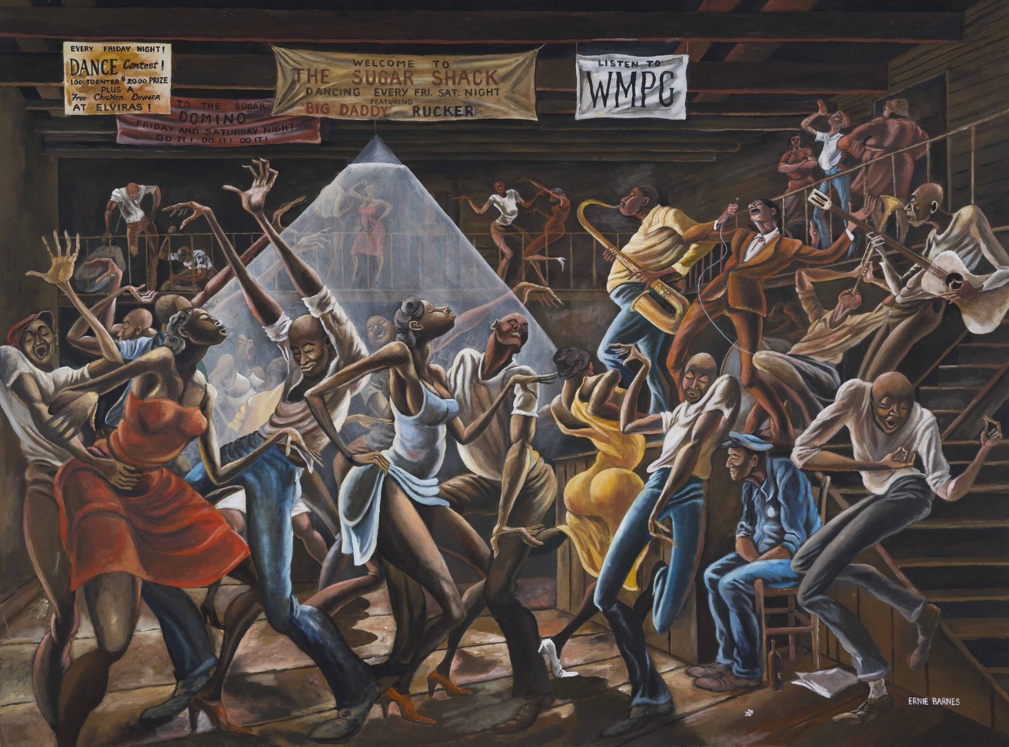 A large painting of several Black people dancing inside a building. In the background are banners, one reading "Welcome to the Sugar Shack"