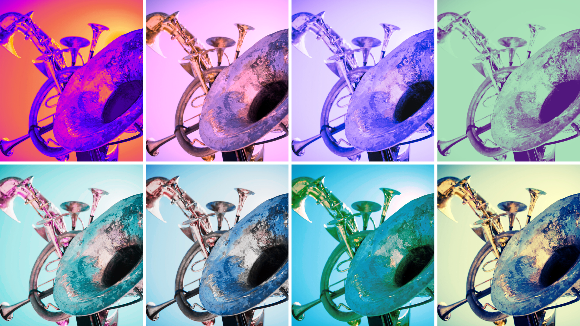 A pop art-colored grid of 8 images of an assortment of brass instruments melded together