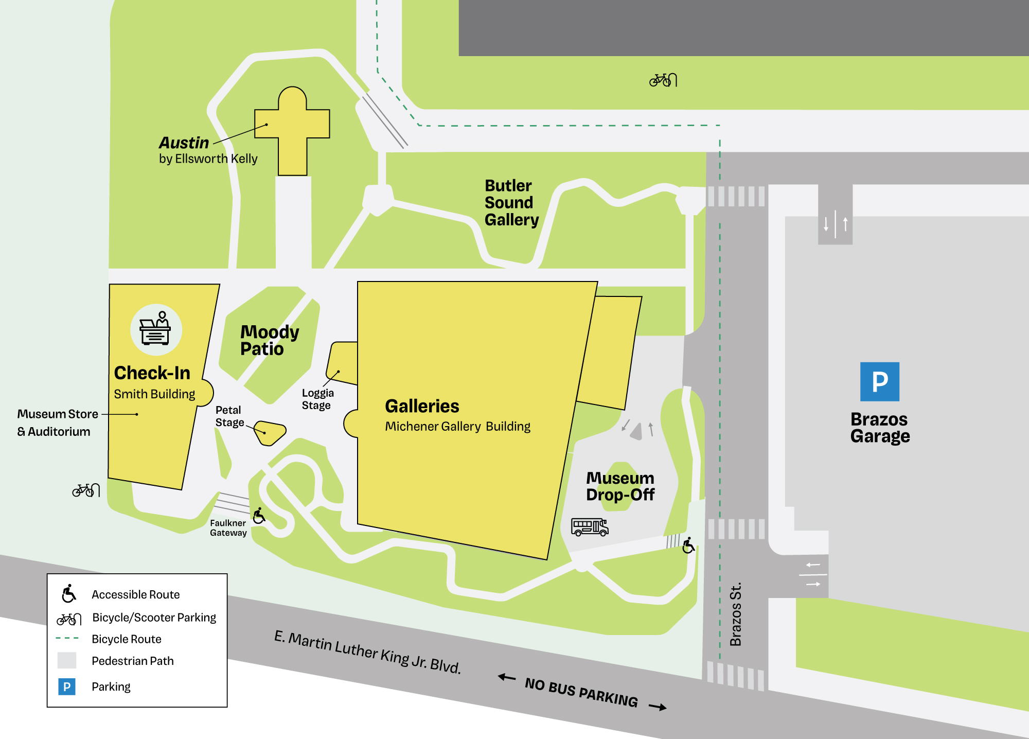 A map of the Blanton Museum of Art's grounds and museum buildings.