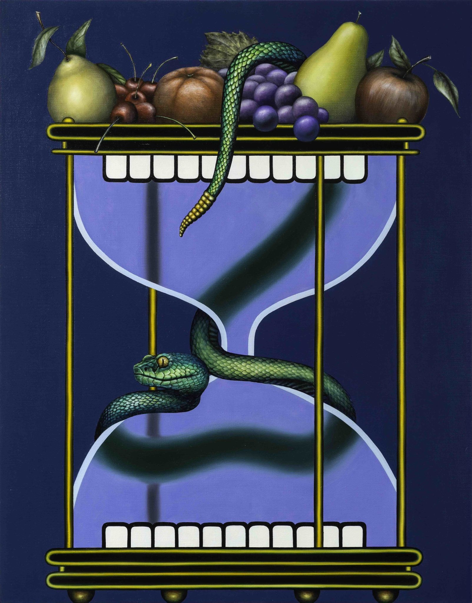 An artwork of an hourglass object with fruit spilling out at the top and a snake winding around the body of the hourglass