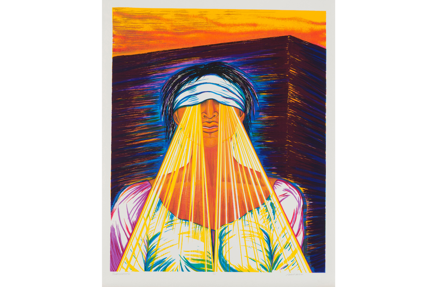 A blindfolded, medium dark-
skinned woman with rays of light
beaming out from where her eyes
are.
