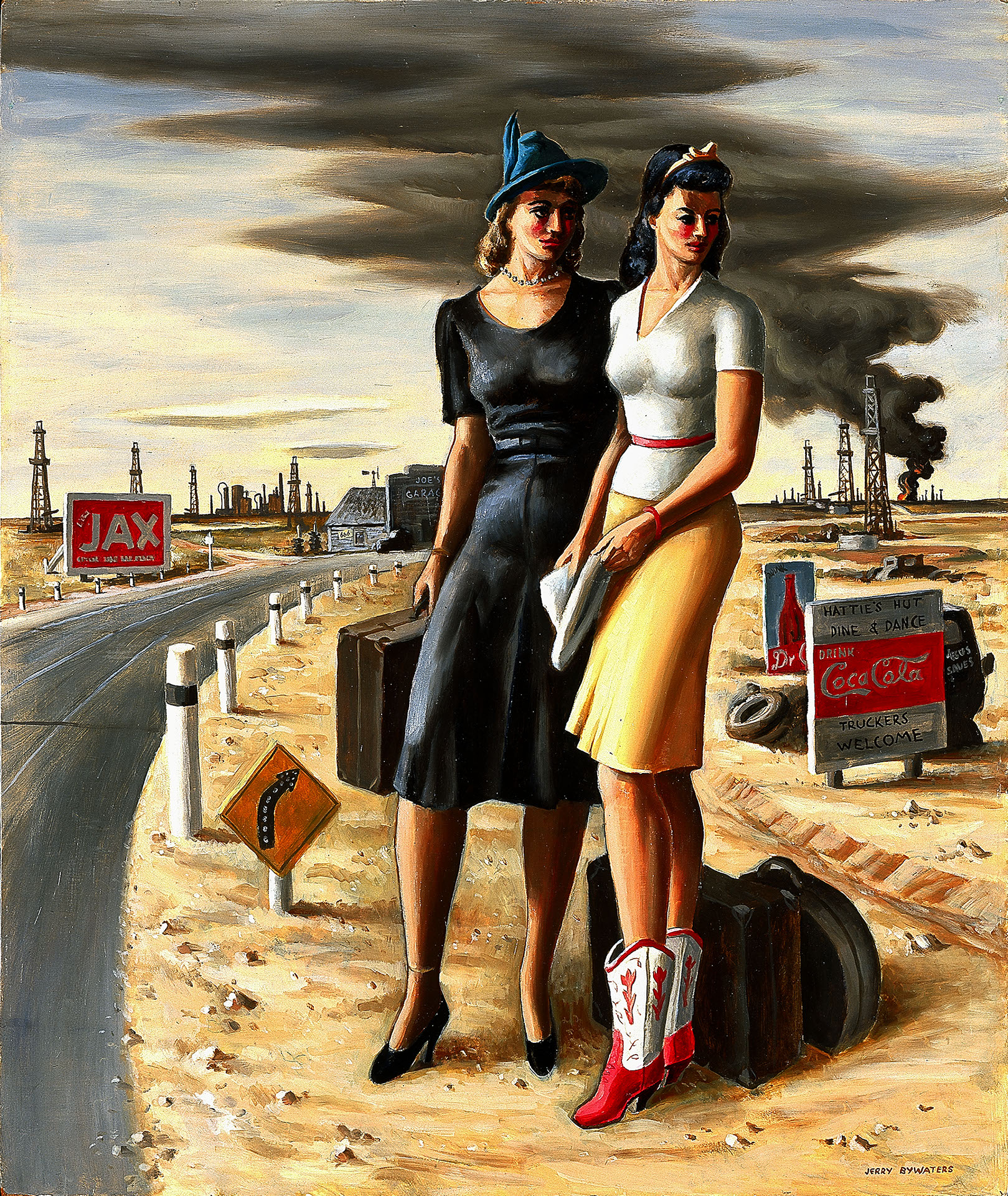 Two young women stand on the side of a desert road amidst oil well and a cloud of dark smoke in the distance