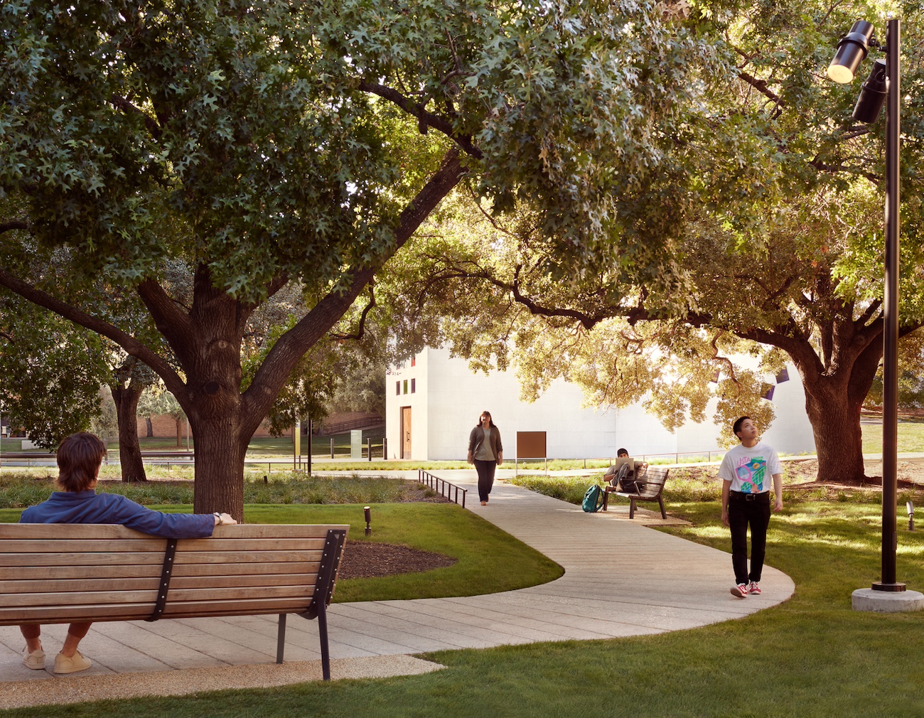 Individuals are enjoying a tranquil day at a park with lush trees and well-maintained grass. One person is sitting on a bench, another is walking along a path, and a third is sitting cross-legged on the grass, focused on a laptop. In the background, someone is walking away. A park lamp post is also visible to the left.