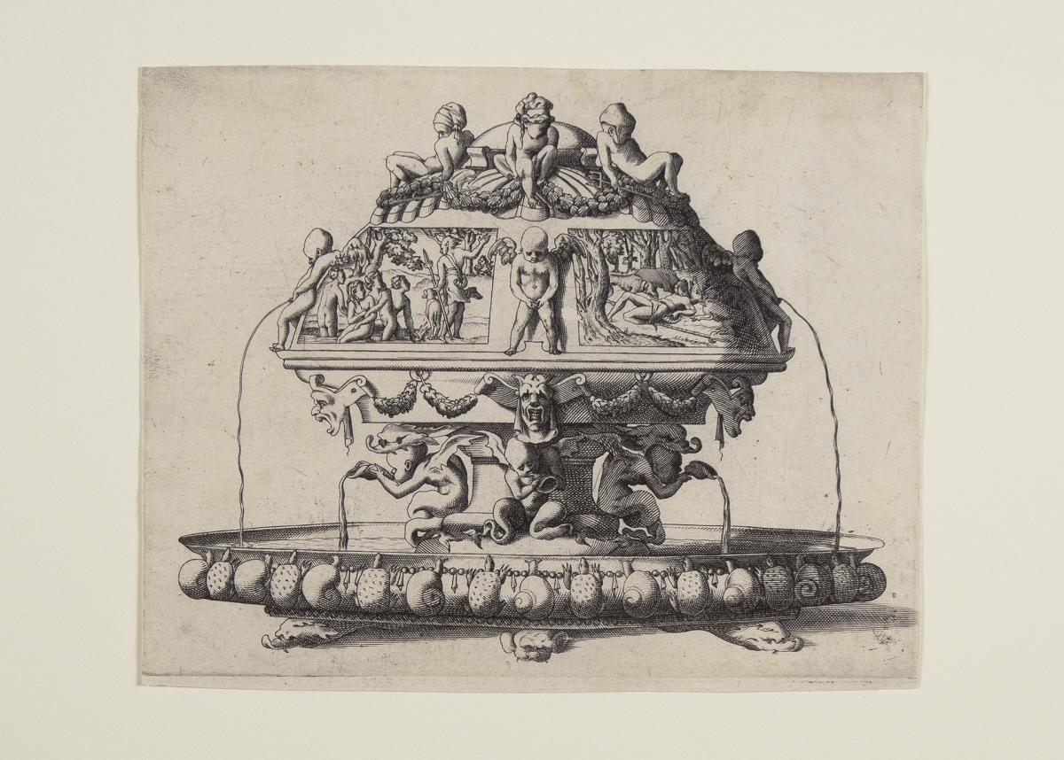 A fountain decorated with figural designs, set within a basin and supported by snails, turtles, and dolphins