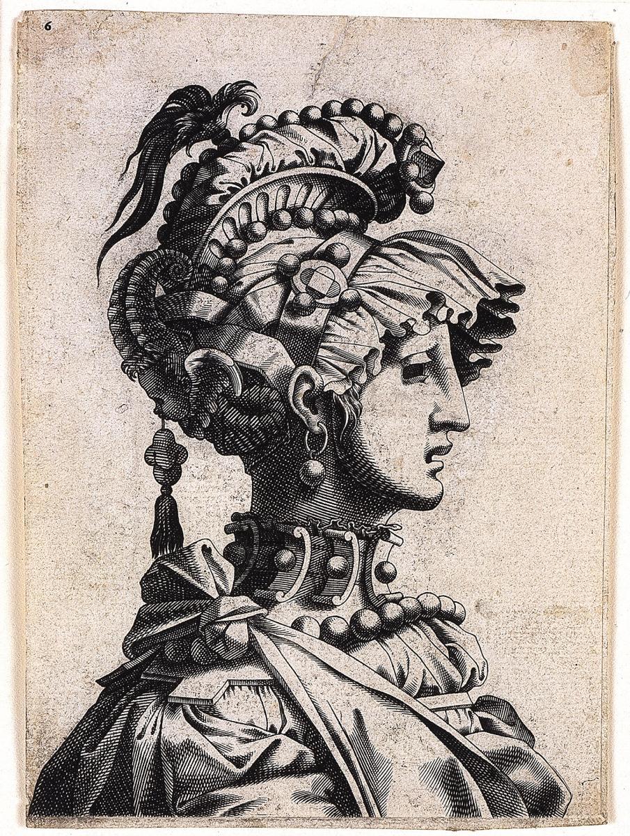 woman in profile view with elaborate headdress and a mask