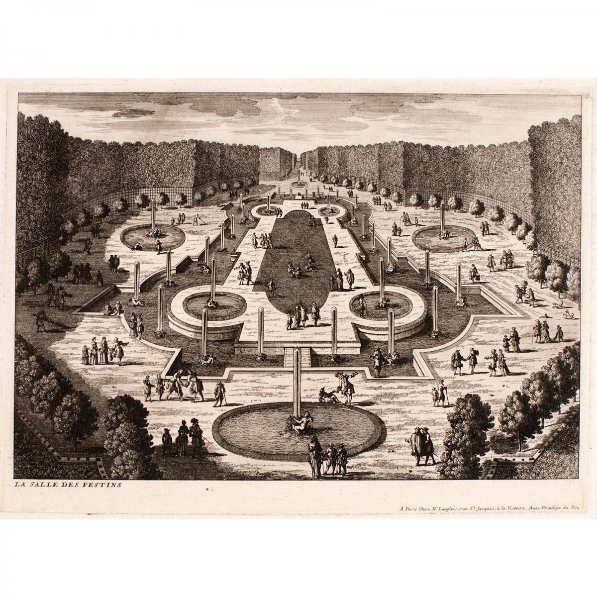 A bird’s eye view of a formal garden with many fountains